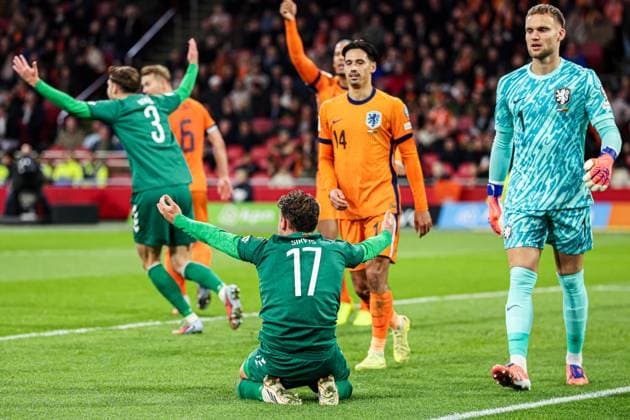 2025-11-17 Netherlands v Lithuania - UEFA World Cup Qualification match AMSTERDAM, NETHERLANDS - NOVEMBER 17: Pijus Sirvys of Lithuania confused during the UEFA World Cup Qualification match match between Netherlands and Lithuania at Johan Cruijff ArenA on November 17, 2025 in Amsterdam, Netherlands. Amsterdam Johan Cruijff ArenA Netherlands Content not available for redistribution in The Netherlands directly or indirectly through any third parties. Copyright: xPieterxvanxderxWoudex