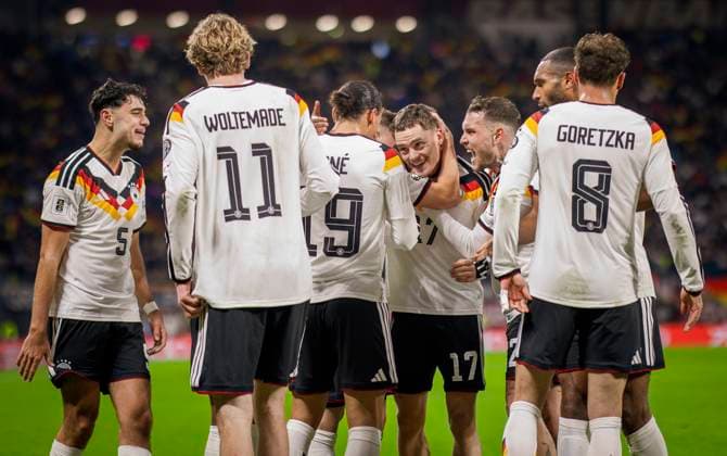 Leipzig, Germany 17th Nov 2025 Goal celebration Aleksandar Pavlovic DFB Nick Woltemade DFB Leroy Sane DFB Florian Wirtz DFB David Raum DFB Jonathan Tah DFB Leon Goretzka DFB Germany Slovakia Germany Slovakia 17 11 2025