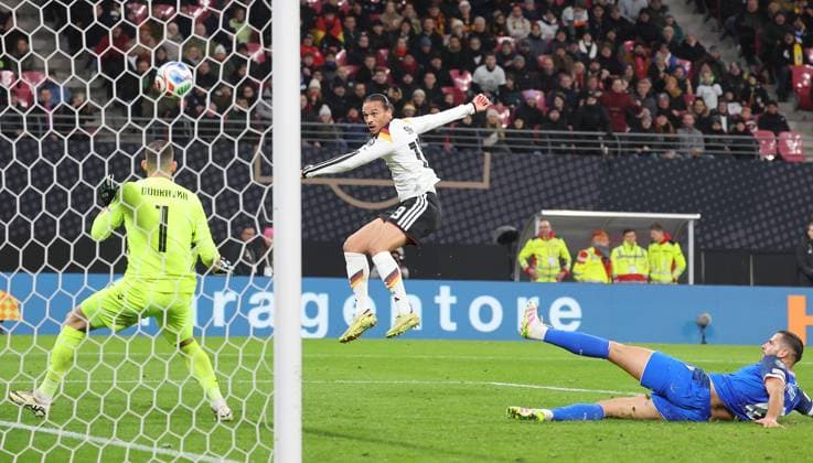 Leipzig , Football international World Cup qualifier Europe , Germany v Slovakia , Goal for 4 0 by Leroy Sane center