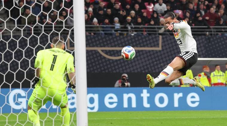 Leipzig , Football international World Cup qualifier Europe , Germany v Slovakia , Goal for 4 0 by Leroy Sane center