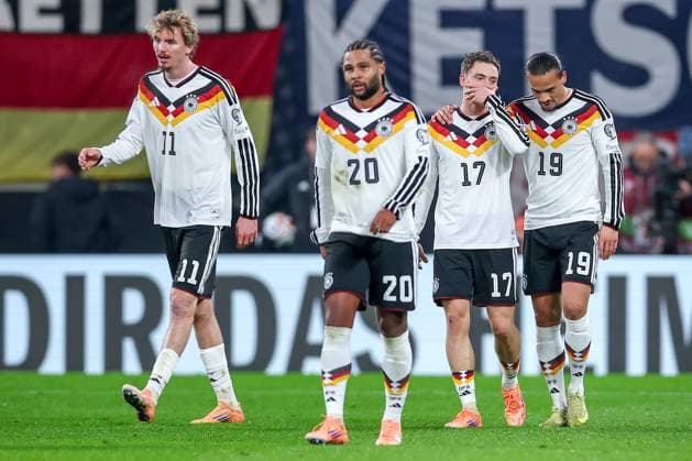 17 11 2025, Football, International match, World Cup Qualification Europe, Germany Slovakia, Red Bull Arena Leipzig , Matchday 10, Season 2025 2026 Goal celebration after the goal to 3 0 by scorer Leroy Sane GER 19 together with Florian Wirtz GER 17 next to Nick Woltemade GER 11 and Serge Gnabry GER 20 Regulations prohibit any use of photographs as image sequences and or quasi video Sachsen Deutschland