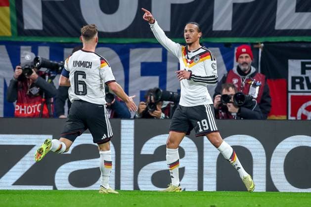 17 11 2025, Football, International match, World Cup Qualification Europe, Germany Slovakia, Red Bull Arena Leipzig , Matchday 10, Season 2025 2026 Goal celebration after the goal to xxxxxx by scorer Leroy Sane GER 19 together with Regulations prohibit any use of photographs as image sequences and or quasi video Sachsen Deutschland