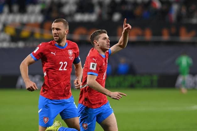 From left Czech Tomas Soucek, David Doudera in action during the Football World Cup qualification European Group L match Czechia vs Gibraltar in Olomouc, Czech Republic, November 17, 2025. David Doudera celebrates goal. (CTKxPhoto LudekxPerina) CTKPhotoP2025111707038  CTKPhotoP2025111707038