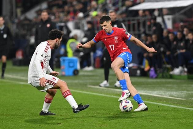From left Ethan Jolley of Gibraltar and Czech David Jurasek in action during the Football World Cup qualification European Group L match Czechia vs Gibraltar in Olomouc, Czech Republic, November 17, 2025. (CTKxPhoto LudekxPerina) CTKPhotoP2025111707068  CTKPhotoP2025111707068