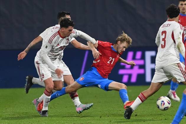 From left Graeme Torrilla of Gibraltar and Czech Michal Beran in action during the Football World Cup qualification European Group L match Czechia vs Gibraltar in Olomouc, Czech Republic, November 17, 2025. (CTKxPhoto LudekxPerina) CTKPhotoP2025111707354  CTKPhotoP2025111707354