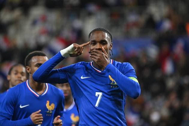 Football : France -U 21 v Iles Feroe -U 21 - UEFA European Under-21 Championship qualification Mathys Tel of France scoring goal during 2025 UEFA European Under-21 Championship qualification, Group C football match between France -U 21 and Iles FEROE -U 21 at the Alpes stadium Grenoble on November 17, 2025  Copyright: xALLILI_MOURADx