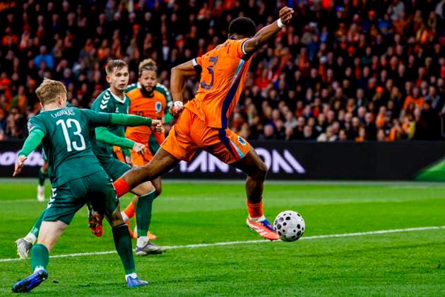 Jurrien Timber of the Netherlands shoots on goal Netherlands v Lithuania, FIFA World Cup, WM, Weltmeisterschaft, Fussball 2026 Qualifier, Netherlands v Lithuania, Johan Cruijff Arena, November 17, 2025, Amsterdam, Netherlands.