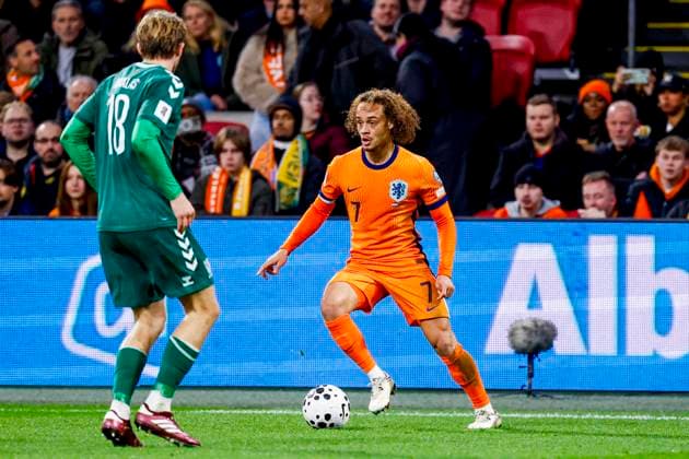 Xavi Simons of the Netherlands dribbles with the ball Netherlands v Lithuania, FIFA World Cup, WM, Weltmeisterschaft, Fussball 2026 Qualifier, Netherlands v Lithuania, Johan Cruijff Arena, November 17, 2025, Amsterdam, Netherlands.