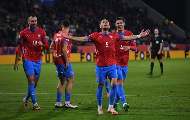 Czech Vladimir Coufal (2nd right) celebrates goal during the Football World Cup qualification European Group L match Czechia vs Gibraltar in Olomouc, Czech Republic, November 17, 2025. (CTKxPhoto LudekxPerina) CTKPhotoP2025111707497  CTKPhotoP2025111707497