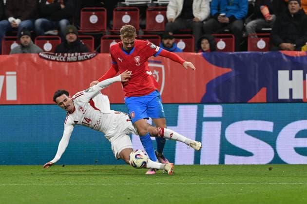 From left Kian Ronan of Gibraltar and Czech Adam Karabec in action during the Football World Cup qualification European Group L match Czechia vs Gibraltar in Olomouc, Czech Republic, November 17, 2025. (CTKxPhoto LudekxPerina) CTKPhotoP2025111707535  CTKPhotoP2025111707535