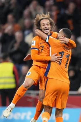 AMSTERDAM, 17-11-2025, Johan Cruijff ArenA , season 2025 2026 , FIFA World Cup, WM, Weltmeisterschaft, Fussball Qualifier football , match between The Netherlands and Lithuania. Pictures shows Netherlands player Xavi Simons celebrates after scoring the goal 3-0 Netherlands - Lithuania  x32076813x Copyright: