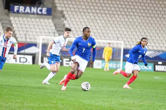 Football : France -U 21 v Iles Feroe -U 21 - UEFA European Under-21 Championship qualification Mathys Tel of France scoring goal during 2025 UEFA European Under-21 Championship qualification, Group C football match between France -U 21 and Iles FEROE -U 21 at the Alpes stadium Grenoble on November 17, 2025  Copyright: xALLILI_MOURADx