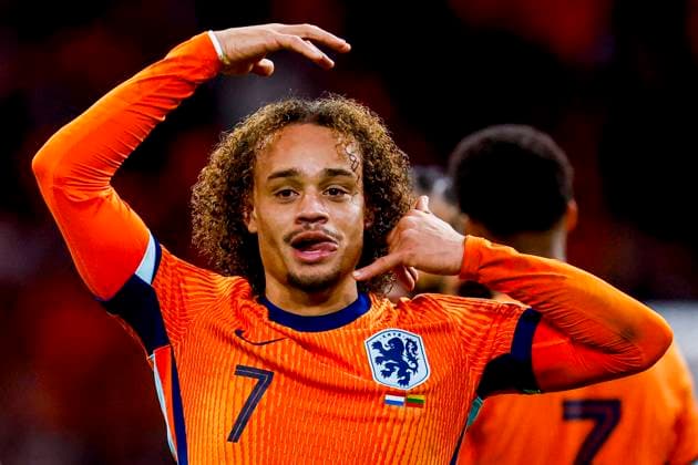 Xavi Simons of the Netherlands celebrates after scoring his teams third goal Netherlands v Lithuania, FIFA World Cup, WM, Weltmeisterschaft, Fussball 2026 Qualifier, Netherlands v Lithuania, Johan Cruijff Arena, November 17, 2025, Amsterdam, Netherlands.