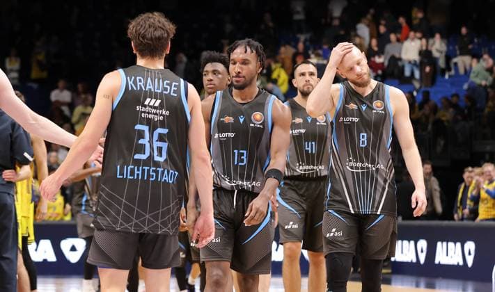 Kristofer Krause, Keith Braxton JR, Alex Herrera, Robin Christen disappointed after the end of the game Disappointment Sport Basketball Basketball BBL Cup Mens Quarterfinals Season 2025 2026 17 11 2025 ALBA Berlin vs Science City Jena