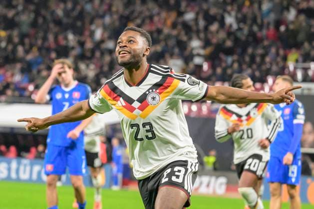 f l t r Ridle Baku GER, 23 , goal, hit, jubilation, goal celebration, joy, enthusiasm, celebrating,celebreting the goal, joy, jubilation, cheering, after 5 0, GER, Saxony, Leipzig, soccer, German national team final group match against Slovakia, DFB Team, Qualification for the 2026 World Cup, RB Arena, 17 11 2025, DFB DFL REGULATIONS PROHIBIT ANY USE OF PHOTOGRAPHS AS IMAGE SEQUENCES AND OR QUASI VIDEO, Copyright: HMBxMedia UwexKoch