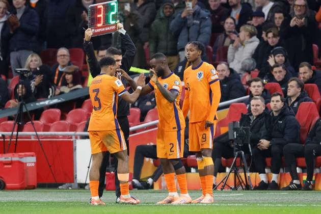 Jurrien Timber of the Netherlands, Lutsharel Geertruida of the Netherlands, Emmanuel Emegha of the Netherlands Netherlands v Lithuania, FIFA World Cup, WM, Weltmeisterschaft, Fussball 2026 Qualifier, Netherlands v Lithuania, Johan Cruijff Arena, November 17, 2025, Amsterdam, Netherlands.