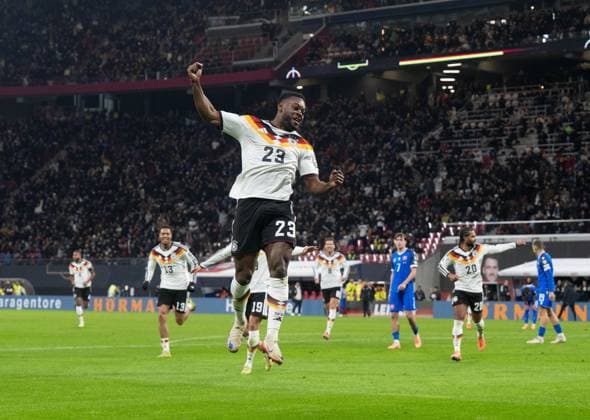 Soccer, Men, Season 2025 26, World Cup Qualification Group A, Matchday 10 in Leipzig, Germany Slovakia, Ridle Baku Germany , Cheering after goal to 5 0, 17 11 2025, Copyright: xMatthiasxKochx