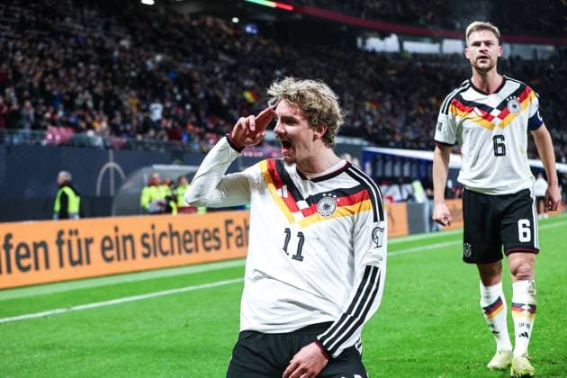 Sport, Soccer, UEFA European Qualifiers World Cup Qualifiers Europe Group A 10 Matchday Germany Slovakia 17 11 2025, Red Bull Arena Goal celebration Germany after the goal to 1 0 by Nick Woltemade Germany, 11 , the scorer is happy Leipzig Red Bull Arena Saxony Germany