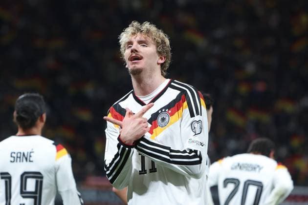 Sport, Soccer, UEFA European Qualifiers World Cup Qualifiers Europe Group A 10 Matchday Germany Slovakia 17 11 2025, Red Bull Arena Goal celebration Germany after the goal to 1 0 by Nick Woltemade Germany, 11 , the scorer is happy Leipzig Red Bull Arena Saxony Germany