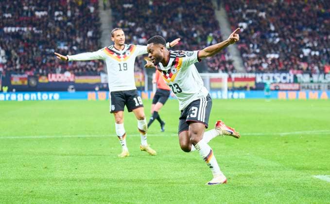 Ridle Baku of Germany scores, shoots goal , Tor, Treffer, Torschuss, 5-0, celebrates his goal, happy, laugh, celebration, in the FIFA World Cup, WM, Weltmeisterschaft, Fussball 2026 qualifier match GERMANY - SLOVAKIA in Season 2025 2026 at November 17, 2025 in Leipzig, Germany.