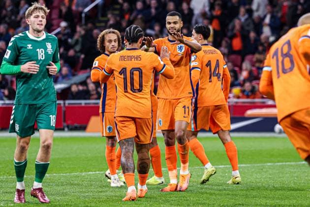 2025-11-17 Netherlands v Lithuania - UEFA World Cup Qualification match AMSTERDAM, NETHERLANDS - NOVEMBER 17: Cody Gakpo of Netherlands celebrates the goal during the UEFA World Cup Qualification match match between Netherlands and Lithuania at Johan Cruijff ArenA on November 17, 2025 in Amsterdam, Netherlands. Amsterdam Johan Cruijff ArenA Netherlands Content not available for redistribution in The Netherlands directly or indirectly through any third parties. Copyright: xPieterxvanxderxWoudex