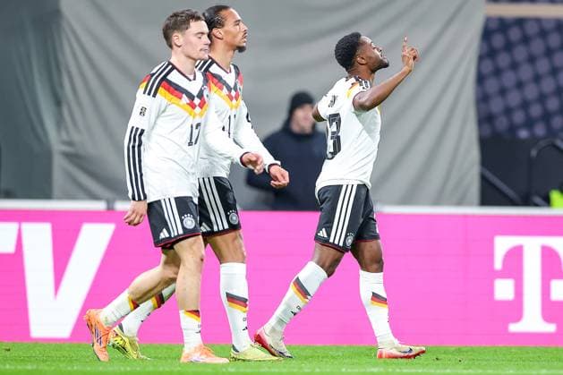 17 11 2025, Football, International match, World Cup Qualification Europe, Germany Slovakia, Red Bull Arena Leipzig , Matchday 10, Season 2025 2026 Goal celebration after the goal to 5 0 by scorer Ridle Baku GER 23 Regulations prohibit any use of photographs as image sequences and or quasi video Sachsen Deutschland