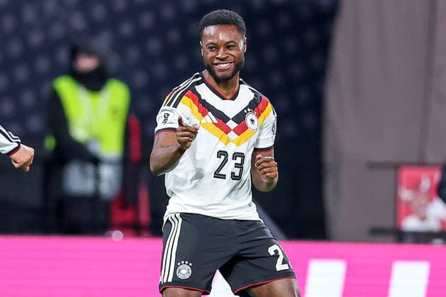 17 11 2025, Football, International match, World Cup Qualification Europe, Germany Slovakia, Red Bull Arena Leipzig , Matchday 10, Season 2025 2026 Goal celebration after the goal to 5 0 by scorer Ridle Baku GER 23 Regulations prohibit any use of photographs as image sequences and or quasi video Sachsen Deutschland