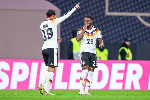17 11 2025, Football, International match, World Cup Qualification Europe, Germany Slovakia, Red Bull Arena Leipzig , Matchday 10, Season 2025 2026 Goal celebration after the goal to 5 0 by scorer Ridle Baku GER 23 Regulations prohibit any use of photographs as image sequences and or quasi video Sachsen Deutschland