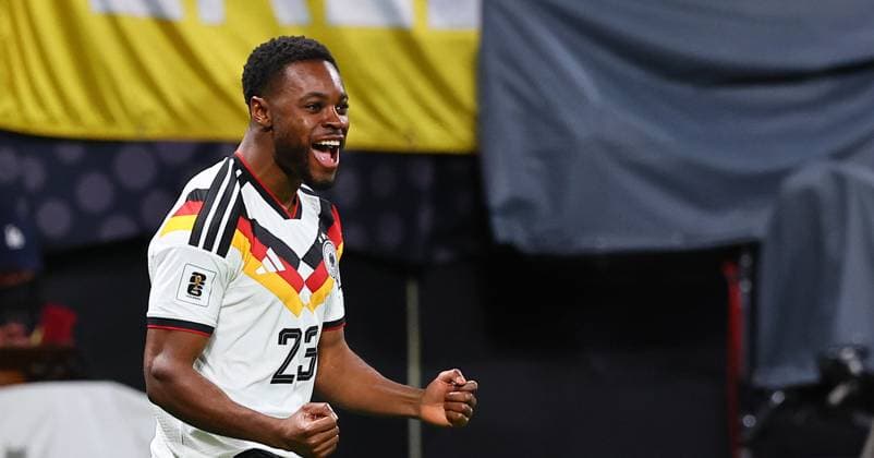 Germany Slovakia World Cup Qualification Leipzig, 17 11 2025, Red Bull Arena, Soccer, World Cup Qualification , BR Germany DEU vs Slovakia SVK , Goal for Germany to 5 0 In the picture scorer Ridle Baku 23, DEU , Goal celebration , Picture Point