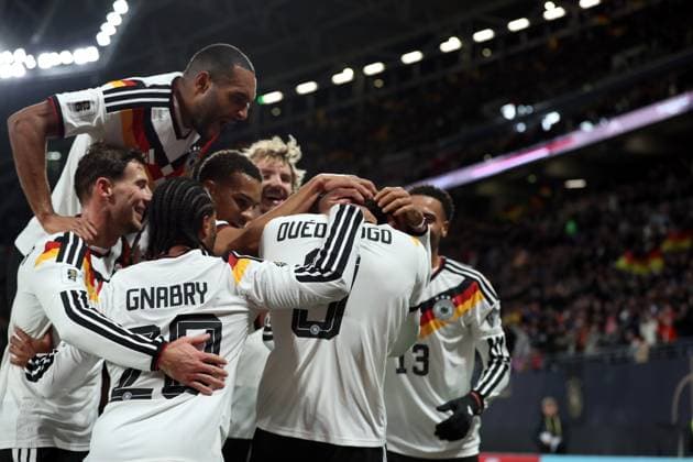 17 11 2025, xtgx, Football World Cup Qualification 2026, Germany Slovakia v l Felix Nmecha German National Football Team DFB , Forzan Assan Quedraogo German National Football Team DFB , Nathaniel Brown German National Football Team DFB celebrate the goal, Der Torjubel zum 6 0 DFL DFB REGULATIONS PROHIBIT ANY USE OF PHOTOGRAPHS as IMAGE SEQUENCES and or QUASI VIDEO Leipzig