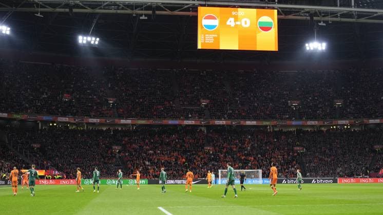 AMSTERDAM, 17-11-2025, Johan Cruijff ArenA , season 2025 2026 , FIFA World Cup, WM, Weltmeisterschaft, Fussball Qualifier football , match between The Netherlands and Lithuania. Pictures shows score board final score 4-0 Netherlands - Lithuania  x32077440x Copyright: