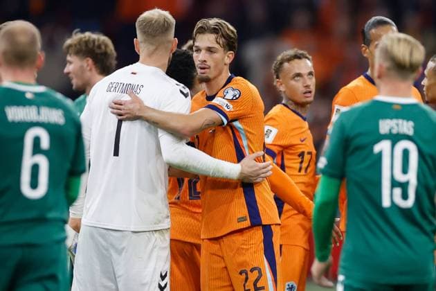 Edvinas Gertmonas of Lithuania, Luciano Valente of the Netherlands Netherlands v Lithuania, FIFA World Cup, WM, Weltmeisterschaft, Fussball 2026 Qualifier, Netherlands v Lithuania, Johan Cruijff Arena, November 17, 2025, Amsterdam, Netherlands.