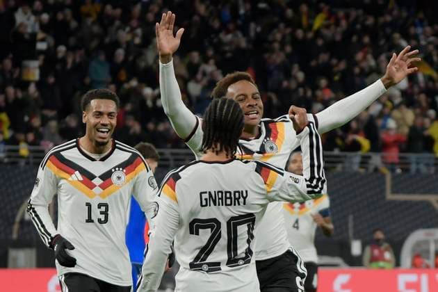 Assan Ouedraogo Germany 9 celebrates after scoring the 6-0 goal with the team 17 11 2025 Soccer World Cup Qualification Germany vs Slovakia, Red Bull Arena, Leipzig, Copyright: xpepphotox xHorstxMauelshagenx pep00321, pep_20251117_hm_201495