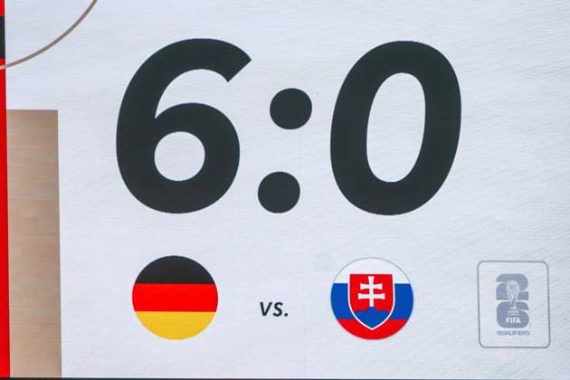 Soccer, Men, Season 2025 26, World Cup Qualification Group A, Matchday 10 in Leipzig, Germany Slovakia, Scoreboard with 6 0 final score, 17 11 2025, Copyright: xMatthiasxKochx