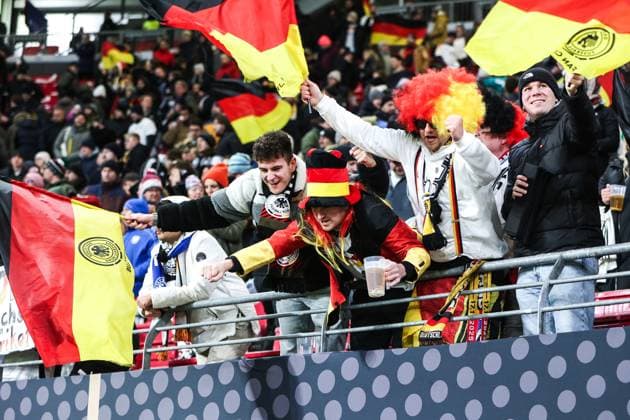 Sport, Football, UEFA European Qualifiers World Cup Qualifiers Europe Group A 10 Matchday Germany Slovakia 17 11 2025, Red Bull Arena Fans Germany are happy about the victory Leipzig Red Bull Arena Saxony Germany