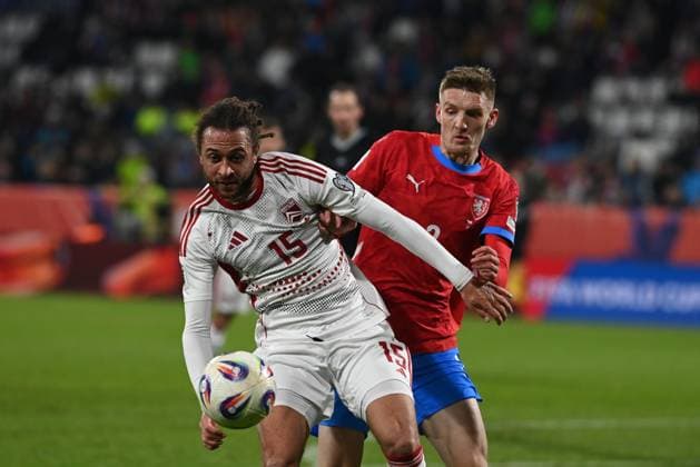 From left Daniel Bent of Gibraltar and Czech Stepan Chaloupek in action during the Football World Cup qualification European Group L match Czechia vs Gibraltar in Olomouc, Czech Republic, November 17, 2025. (CTKxPhoto LudekxPerina) CTKPhotoP2025111707714  CTKPhotoP2025111707714