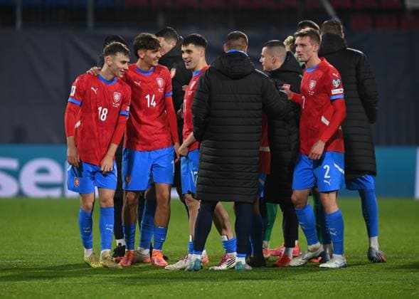 From left Czech players Krystof Danek, Mojmir Chytil, David Jurasek, Stepan Chaloupek celebrate victory after the Football World Cup qualification European Group L match Czechia vs Gibraltar in Olomouc, Czech Republic, November 17, 2025. (CTKxPhoto LudekxPerina) CTKPhotoP2025111707889  CTKPhotoP2025111707889