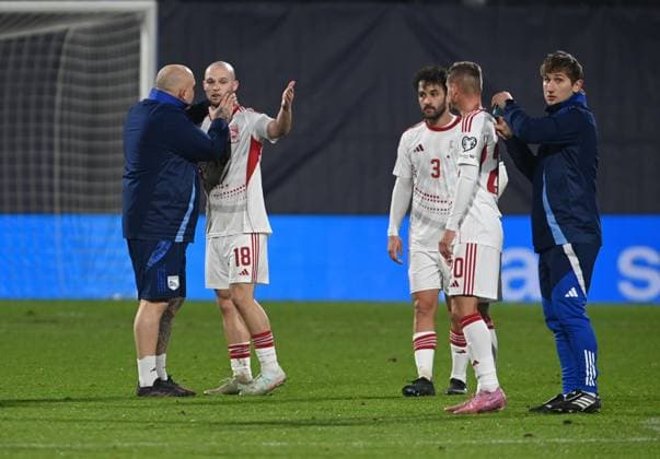 From left player of Gibraltar Paddy McClafferty, Ethan Jolley, Jaron Vinet after the Football World Cup qualification European Group L match Czechia vs Gibraltar in Olomouc, Czech Republic, November 17, 2025. (CTKxPhoto LudekxPerina) CTKPhotoP2025111707902  CTKPhotoP2025111707902