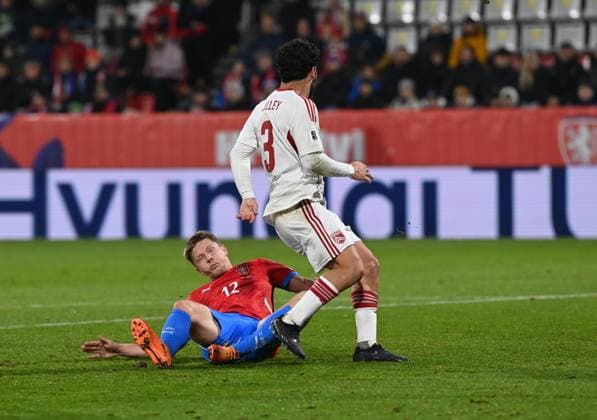 From left Czech Lukas Cerv, Ethan Jolley of Gibraltar in action during the Football World Cup qualification European Group L match Czechia vs Gibraltar in Olomouc, Czech Republic, November 17, 2025. (CTKxPhoto LudekxPerina) CTKPhotoP2025111707940  CTKPhotoP2025111707940