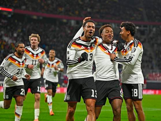 17 11 2025, Football World Cup Qualification Europe 2025 26, Matchday 10, Germany Slovakia, at Red Bull Arena Leipzig Germany Goal celebration by Assan Ouedraogo Germany for 6 0 v li Serge Gnabry Germany , Nick Woltemade Germany , Felix Nmecha Germany , Assan Ouedraogo Germany , Nathaniel Brown Germany