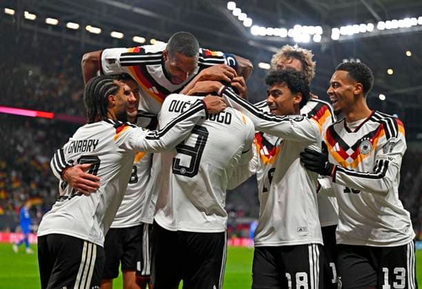 17 11 2025, Football World Cup Qualification Europe 2025 26, Matchday 10, Germany Slovakia, at Red Bull Arena Leipzig Germany Goal celebration by Assan Ouedraogo Germany for 6 0 v li Serge Gnabry Germany , Assan Ouedraogo Germany , Nathaniel Brown Germany , Felix Nmecha Germany