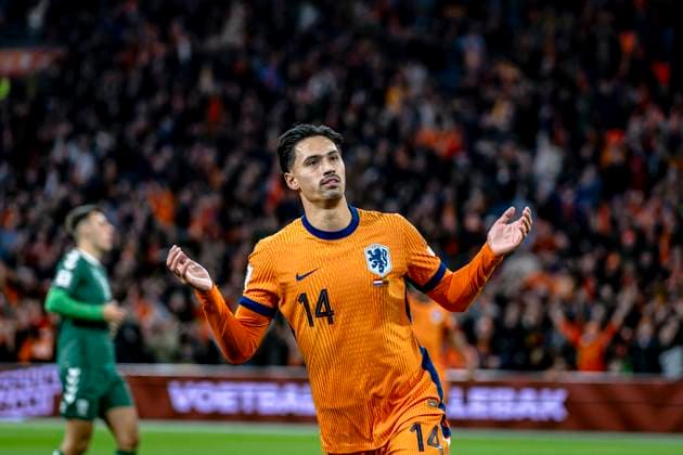 Netherlands midfielder Tijjani Reijnders, during the match FOOTBALL EUROPEAN QUALIFIERS NETHERLANDS LITHUANIA at the Johan Cruijff ArenA for the FIFA World Cup 2026 UEFA Qualifiers Group G Matchday 10 season 2025 2026 in AMSTERDAM, Netherlands on 17 november 2025, photo by Stefan Koops EYE4images DeFodi Images
