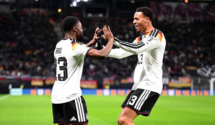 Football International Qualification World Cup 2026 in Leipzig Group A 6 Matchday Germany Slovakia 17 11 2025 CHEERS Germany v li , Ridle Baku after the goal for 5 0, with Felix Nmecha