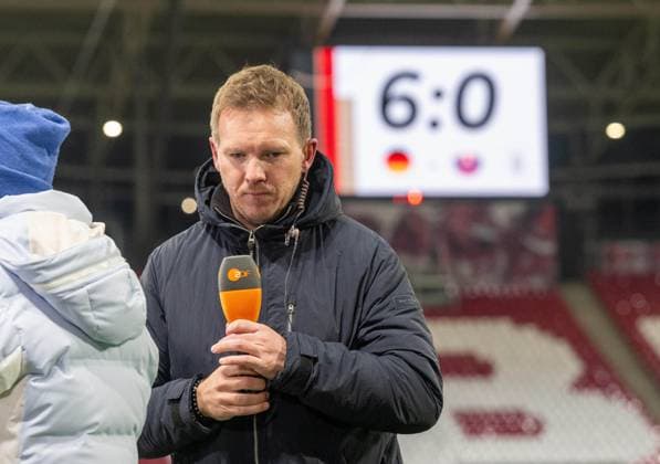 Soccer, Men, Season 2025 26, World Cup Qualification Group A, Matchday 10 in Leipzig, Germany Slovakia, national coach Julian Nagelsmann Germany and scoreboard with 6 0 final score, 17 11 2025, Copyright: xMatthiasxKochx