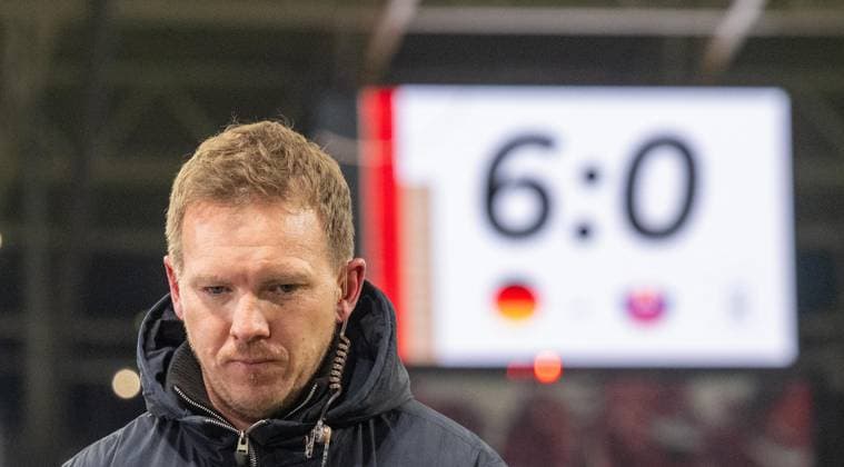 Soccer, Men, Season 2025 26, World Cup Qualification Group A, Matchday 10 in Leipzig, Germany Slovakia, national coach Julian Nagelsmann Germany and scoreboard with 6 0 final score, 17 11 2025, Copyright: xMatthiasxKochx