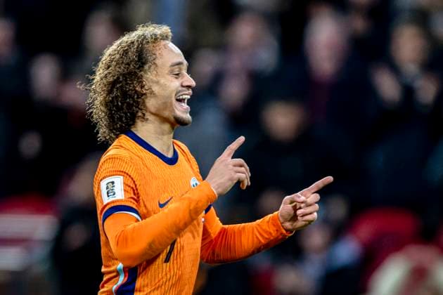 Netherlands midfielder Xavi Simons celebrating the goal, during the match FOOTBALL EUROPEAN QUALIFIERS NETHERLANDS LITHUANIA at the Johan Cruijff ArenA for the FIFA World Cup 2026 UEFA Qualifiers Group G Matchday 10 season 2025 2026 in AMSTERDAM, Netherlands on 17 november 2025, photo by Stefan Koops EYE4images DeFodi Images