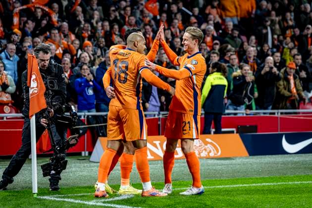 Netherlands forwarder Donyell Malen, Netherlands midfielder Tijjani Reijnders, Netherlands midfielder Frenkie de Jong celebrating the goal, during the match FOOTBALL - EUROPEAN QUALIFIERS - NETHERLANDS - LITHUANIA at the Johan Cruijff ArenA for the FIFA World Cup, WM, Weltmeisterschaft, Fussball 2026 UEFA Qualifiers - Group G - Matchday 10 season 2025-2026 in AMSTERDAM, Netherlands on 17 november 2025, (photo by Stefan Koops EYE4images DeFodi Images) *** Netherlands forwarder Donyell Malen, Netherlands midfielder Tijjani Reijnders, Netherlands midfielder Frenkie de Jong celebrating the goal, during the match FOOTBALL EUROPEAN QUALIFIERS NETHERLANDS LITHUANIA at the Johan Cruijff ArenA for the FIFA World Cup 2026 UEFA Qualifiers Group G Matchday 10 season 2025 2026 in AMSTERDAM, Netherlands on 17 november 2025, photo by Stefan Koops EYE4images DeFodi Images