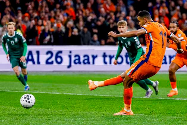 Cody Gakpo of the Netherlands shoots the penalty and scores the 2-0 Netherlands v Lithuania, FIFA World Cup, WM, Weltmeisterschaft, Fussball 2026 Qualifier, Netherlands v Lithuania, Johan Cruijff Arena, November 17, 2025, Amsterdam, Netherlands.