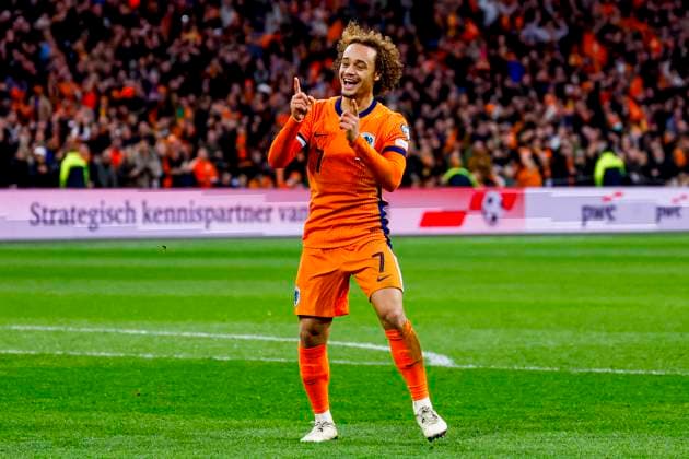 Xavi Simons of the Netherlands celebrates after scoring his teams third goal Netherlands v Lithuania, FIFA World Cup, WM, Weltmeisterschaft, Fussball 2026 Qualifier, Netherlands v Lithuania, Johan Cruijff Arena, November 17, 2025, Amsterdam, Netherlands.