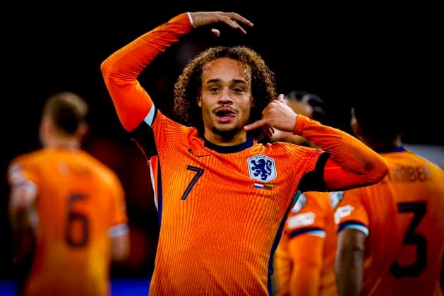Xavi Simons of the Netherlands celebrates after scoring his teams third goal Netherlands v Lithuania, FIFA World Cup, WM, Weltmeisterschaft, Fussball 2026 Qualifier, Netherlands v Lithuania, Johan Cruijff Arena, November 17, 2025, Amsterdam, Netherlands.